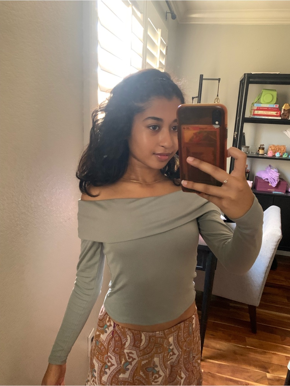 Off-the-Shoulder Long Sleeve Top in Light Gray